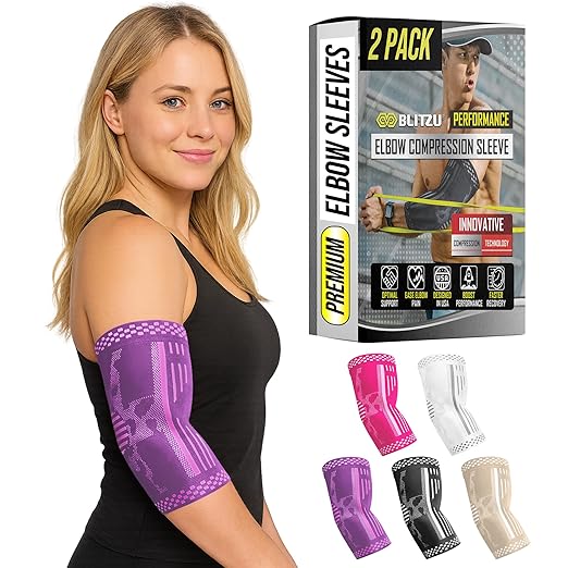BLITZU Elbow Compression Sleeve for Tendonitis 2 Pack, Tennis Elbow Brace Support for Men and Women Golfers Elbow Pain Relief, Arthritis, Bursitis, Arm Brace for Workout, Weightlifting Purple M