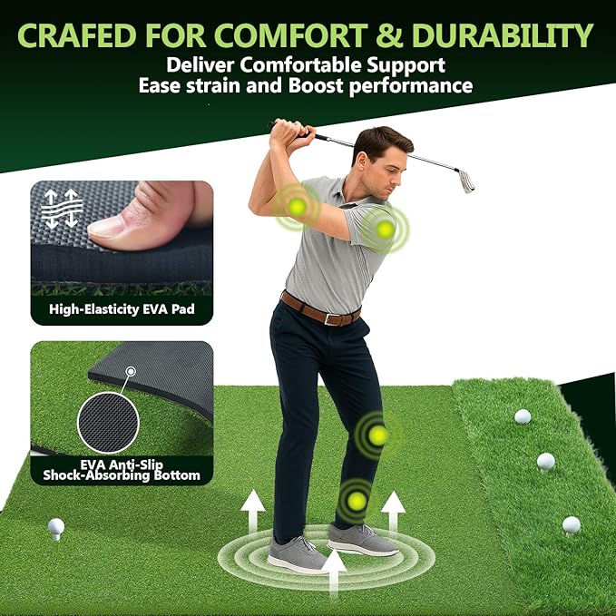 Golf Hitting Mats 31mm&55mm, 5x4ft/5x5ft Golf Mat Practice Outdoor & Indoor, Golf Practice Mat with 9 Tees, Heavy Duty Artificial Dual Turf Matt for Training Chipping Driving Swing Backyard Simulator
