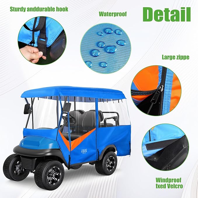 10L0L 4 Passenger Golf Cart Enclosure - 86" Roof Fit, Universal Golf Cart Cover for Yamaha Club Car EZGO,Waterproof 600D Rain Cover,Transparent Tail Light Panel,Foldable Door,4-Sided Clear Windows