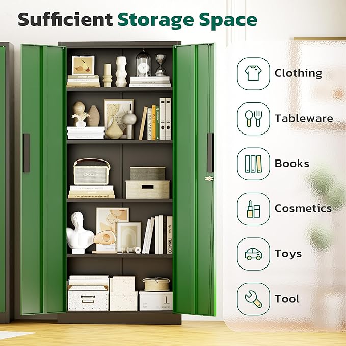 Greenvelly Metal Pantry Cabinet, 63”Tall Kitchen Pantry Storage Cabinets with 2 Lock Doors and 4 Adjustable Shelves for Home Office, Dinning Room,Garage(Black Green)