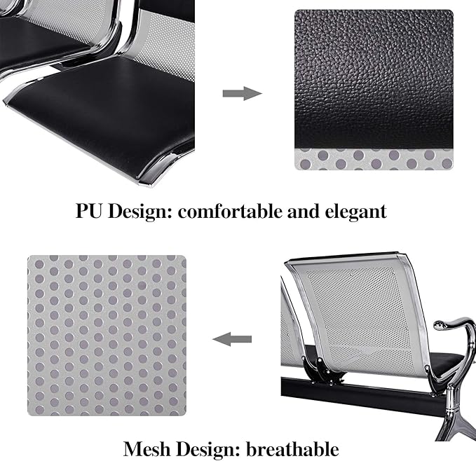 Kinfant Waiting Room Chair Bench - Guest Reception Chairs for Airport Hospital Bank Salon Barber Hall Room Conference (3-seat, Black-Mesh+PU)