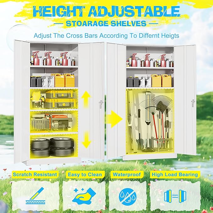 Pataku Metal Storage Cabinet, 72" Garage Cabinet with Doors and Shelves Lockable Steel Multifunctional Cabinets, White File Cabinets for Home, Office, Warehouse