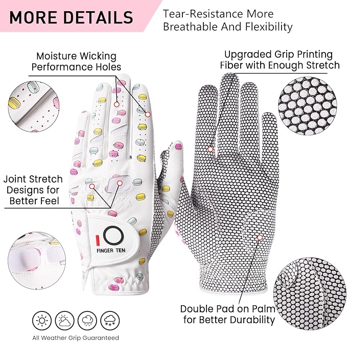 FINGER TEN Ladies Golf Gloves Left Right Hand 1 Pack, Golf Glove for Women's Golfer Lh Rh All Weather Grip, Size Fit Small Medium Large XL