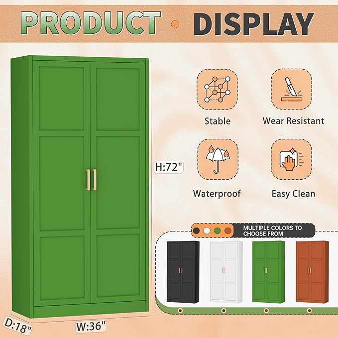 Greenvelly Metal Wardrobe Cabinet with Wooden Handle, 72" Metal Wardrobe Closet with Hanging Rods and Adjustable Shelves, Clothing Storage Closet Cabinet for Home, Office, Employee, Gym (Green)