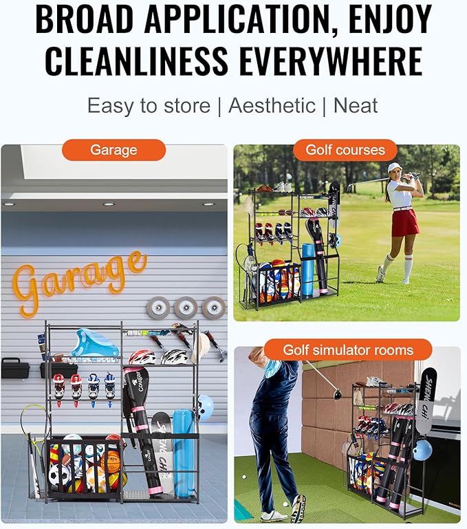 VEVOR Golf Bag Organizer, Golf Bag Storage Rack Stand Holder, Sports Equipment Storage Rack, Golf Storage Organizer for Garage, Sports Gear, Toys Storage Rack Hooks
