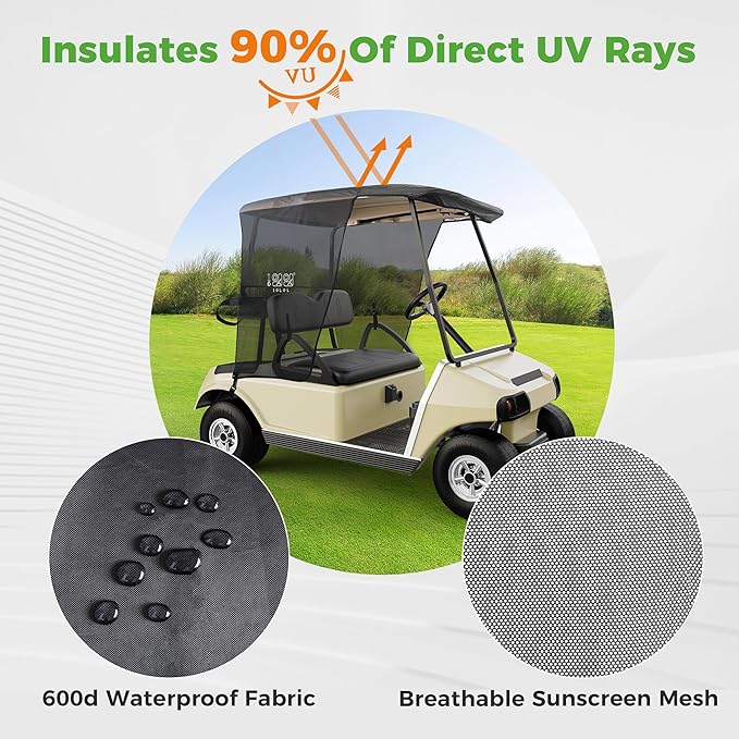 10L0L 2 Passenger Golf Cart Sun Shade Cover for Club Car DS & EZGO TXT - Foldable UV Protection Cover Heat Blocking Design, Black