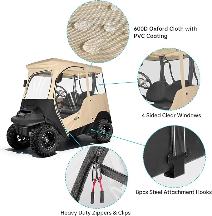 10L0L 2 Passenger Golf Cart Driving Enclosure for Club Car Precedent/Onward/Tempo, 4-Sided Clear Window 600D Rain Cover All Weather Windproof Waterproof