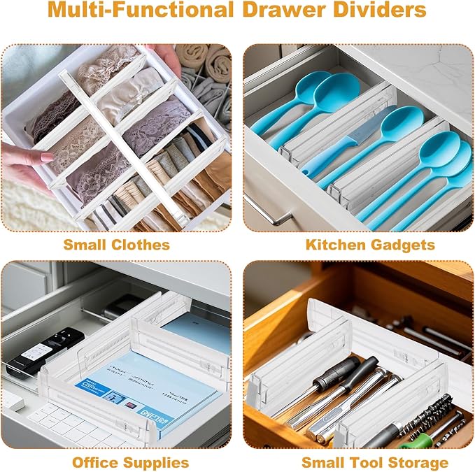 8 Pack 4" High Drawer Dividers for Clothes, 10"-17" Expandable Drawer Dividers Adjustable Drawer Separators, Clear Dresser Drawer Organizer for Clothes, Underwear, Cosmetic, Kitchen Utensils Storage