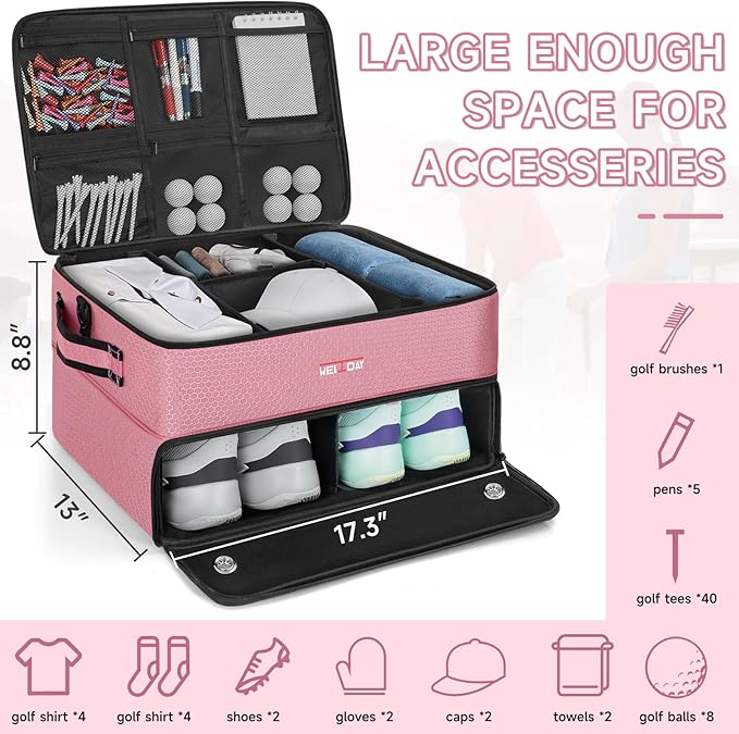 ANILD Golf Trunk Organizer, 2 Layer Golf Storage Case with Separate Ventilated Compartment for 2 Pair Shoes, for Balls, Tees, Clothes, Gloves, Accessories, Golfer Gifts