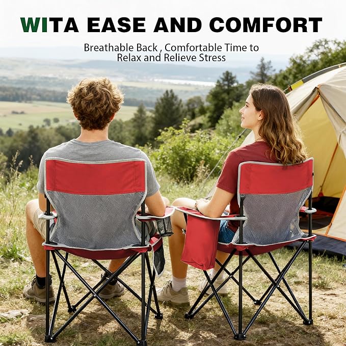 Portable Outdoor Folding Chair with Cup Holder & Cooler Bag - Breathable Mesh, Wide Armrests, Ergonomic Design for Camping, Beach, Backyard - Includes Storage Bag & Bottle Opener (Black/Green/Red)
