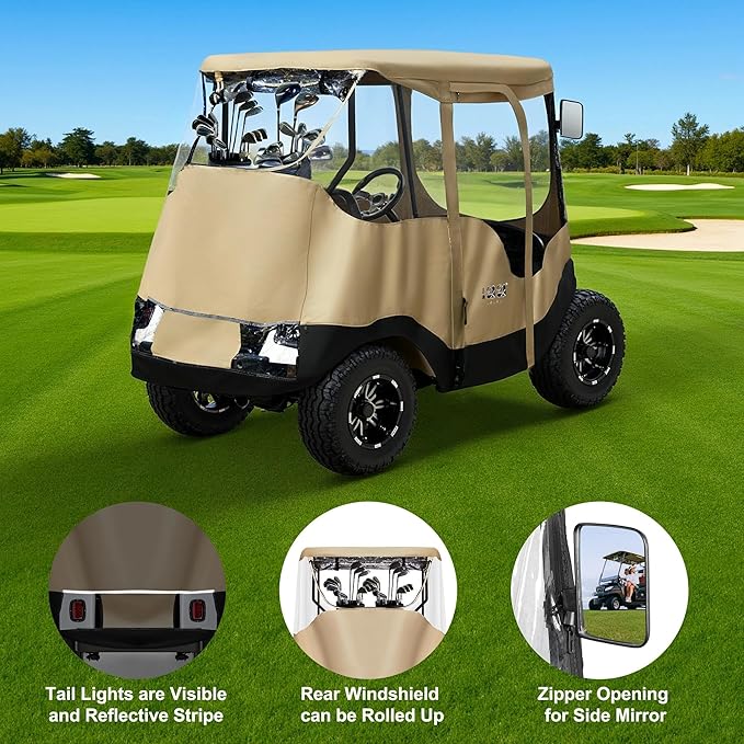 10L0L 2/4 Passenger Golf Cart Driving Enclosure for EZGO TXT/RXV Model, 4-Sided Clear Window 600D Rain Cover All Weather Windproof Waterproof - Black/Beige