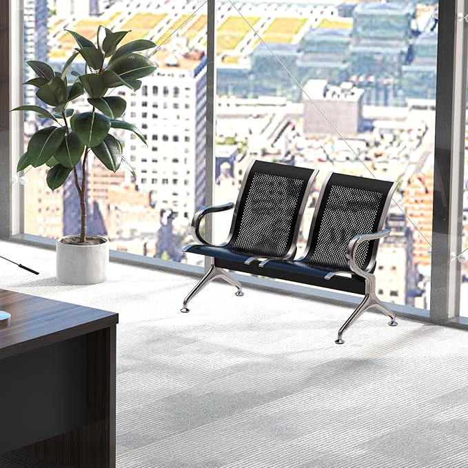 2-Seat Waiting Room Chairs - Waiting Room Bench with Arms Airport Reception Bench Guest Reception Chairs Lobby Bench Waiting Area for Airport Market Bank Hospital School Barbersho, Black