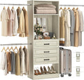 Unikito 48" W - 96” W Closet System with Mirror, 8FT Walk in Closet Organizer Kits with Drawers and 3 Extendable Hanging Rod, Sturdy Wood Garment Rack with 25” Tower, Max Load 1000 LBS, White Oak
