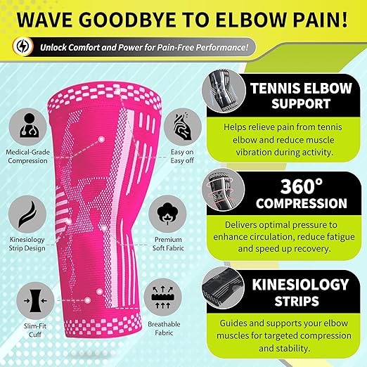 BLITZU Elbow Compression Sleeve for Tendonitis 2 Pack, Tennis Elbow Brace Support for Men and Women Golfers Elbow Pain Relief, Arthritis, Bursitis, Arm Brace for Workout, Weightlifting Pink L