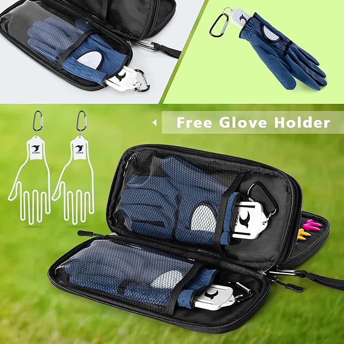 Golf Glove Holder, Golf Glove Case with A Pair of Golf Gloves Stretcher with Hook, Protective Golf Accessory Case for Tees, Ball Markers, Phone and Golf Essentials, Black