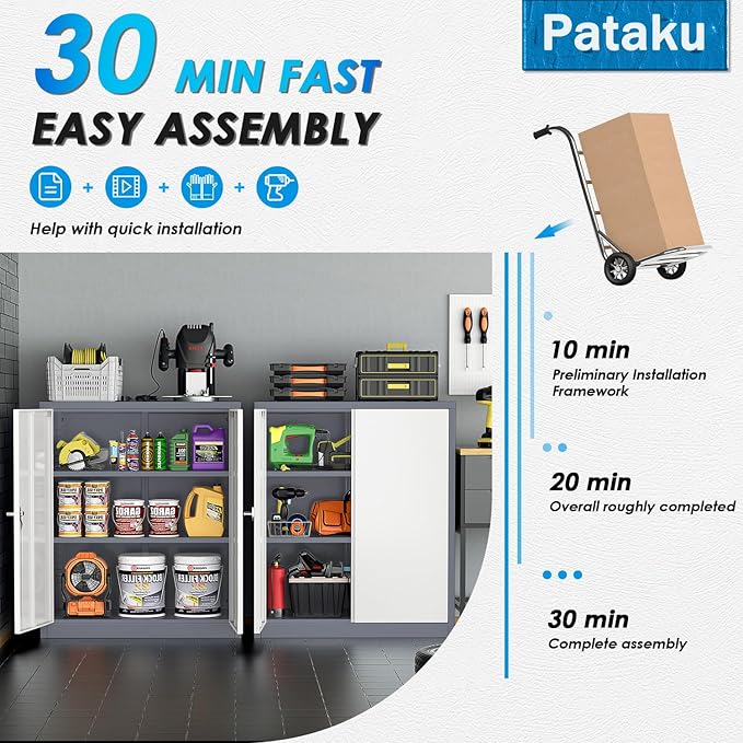 Pataku Metal Storage Cabinet, Garage Cabinet with Doors and Shelves 36" Hx32 Wx16 D, Steel Lockable File Cabinets for Office, Home, Garage, Basement, Industrial, White Grey