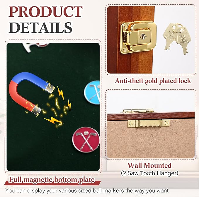 40 Golf Ball Marker Display Case Full Magnetic Backing 15.5" W x 9.5" H Wall Mount Wooden W/98% UV Acrylic Door Lockable Storage Display Box for Ball Marker Collection (Brown)
