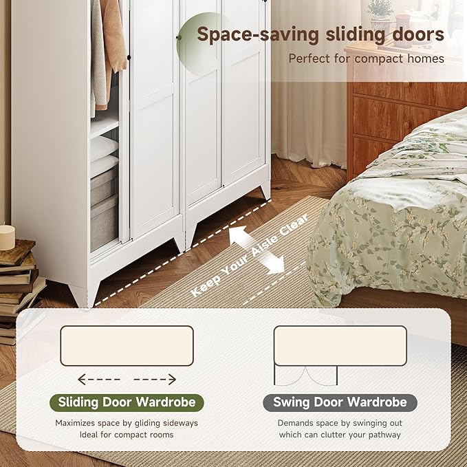 Letaya Metal Sliding Door Wardrobe Cabinets,68" Tall Armoire Wardrobe Closet with Sliding Doors and Shelves,Narrow Slim Coat Closet Cabinet with Hanging Rod,Space Saving for Home (White)