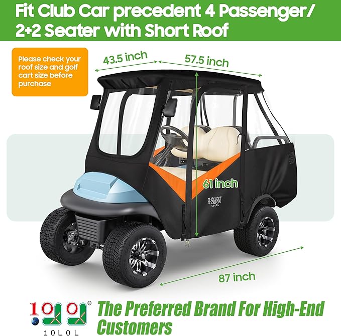 10L0L Golf Cart 4 Passenger Enclosure for Club Car Precedent Short Roof 57.5" Deluxe 600D Golf Cart Heavy Duty Rain Cover with 4 Zipped Doors Clear PVC Windows (Latest Improved Version)