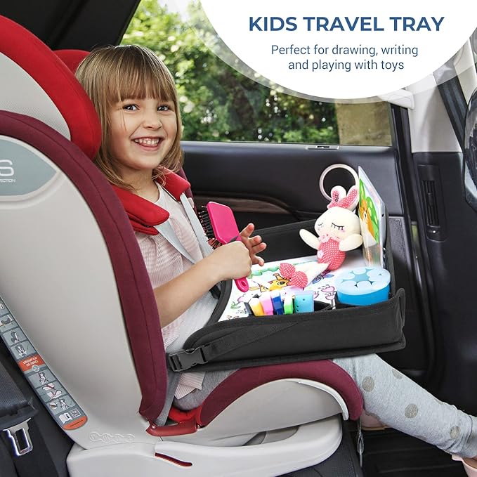 COOLBEBE Kids Travel Tray for Toddler Car Seat, Travel Tray for Airplane, Toddler Car Seat Lap Tray, Carseat Table Tray for Kids Travel Activities (Black-1)