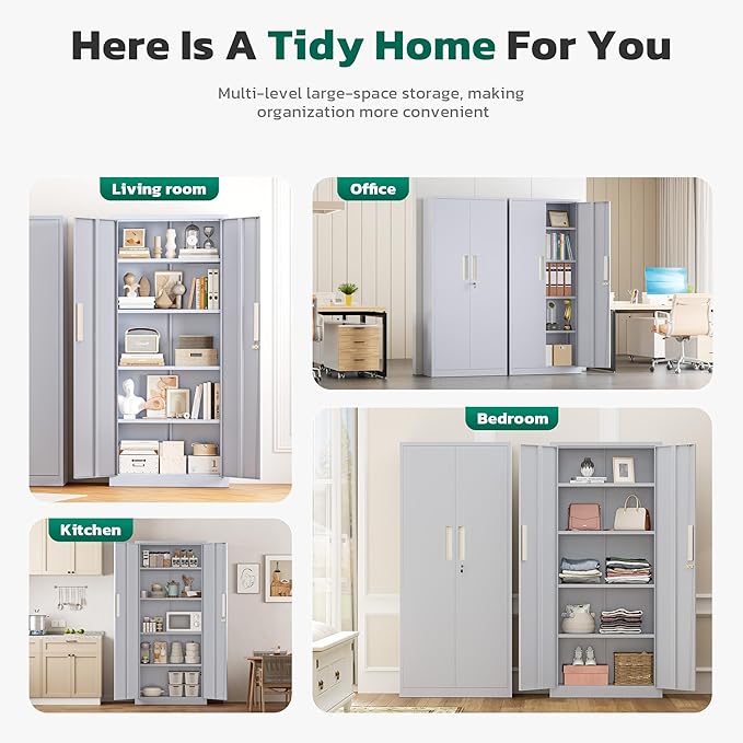 Greenvelly 63" H Metal Storage Cabinet Dark Grey, Locking Metal Cabinet, Store Tools, Clothes, Tableware and Toiletries, Garage Cabinets with Adjustable Shelves for Office, Home, Garage, Pantry