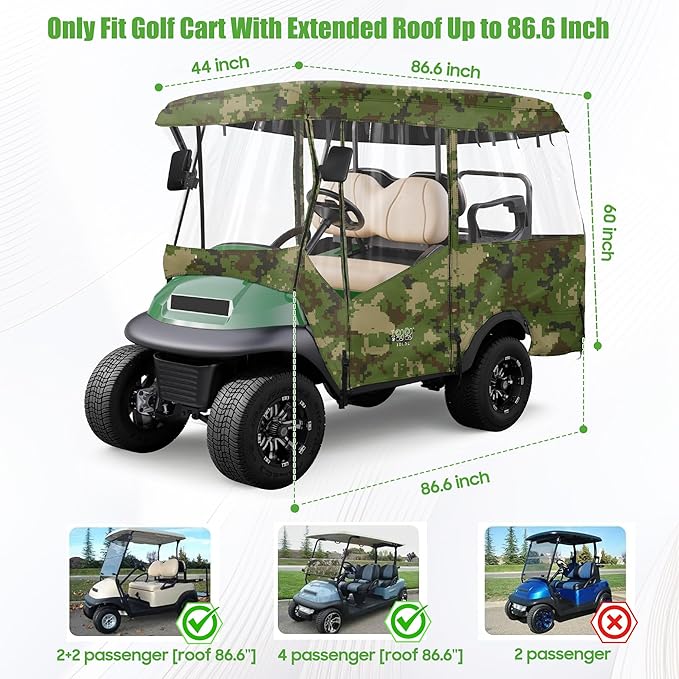 10L0L 4 Passenger Golf Cart Enclosure - 86" Roof Fit, Universal Golf Cart Cover for Yamaha Club Car EZGO,Waterproof 600D Rain Cover,Transparent Tail Light Panel,Foldable Door,4-Sided Clear Windows