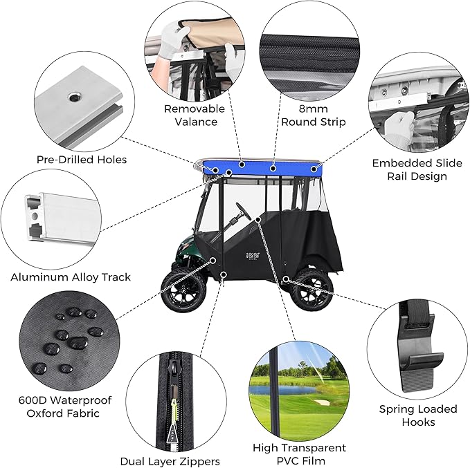 10L0L 3-Sided Track Style Golf Cart Enclosure fit 2 Passenger Yamaha G29 Drive,Waterproof 600D Oxford Cloth Yamaha Rain Cover with Aluminum Pre-Drilled Track,Clear PVC Windshield-Blue Valance