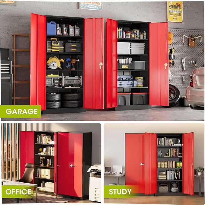 Greenvelly Metal Lockable Storage Cabinet, 72” Tall Storage Cabinet with 2 Doors and 4 Adjustable Shelves for Office, Home, Garage, Pantry (Assembly Required, 18”D, Black Red)