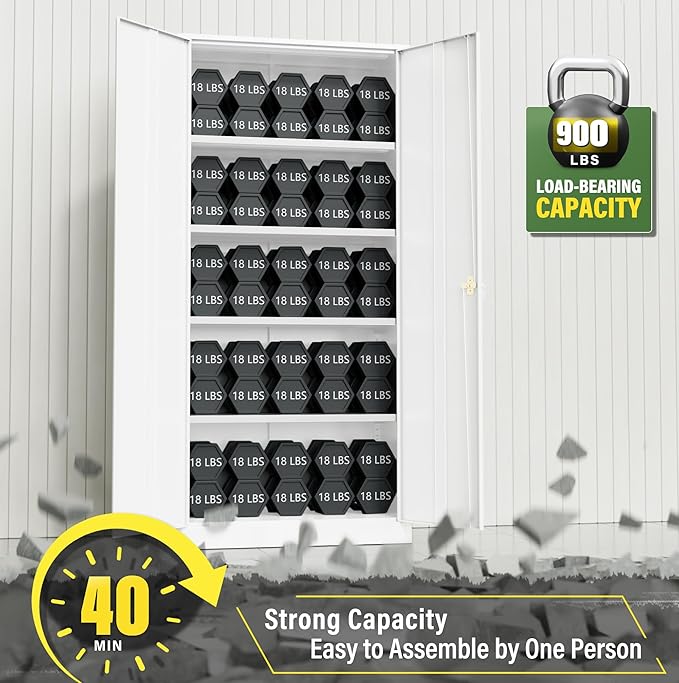 Greenvelly Metal Garage Storage Cabinet with 2 Doors and 4 Adjustable Shelves, 72”H White Steel Lockable Storage Cabinet,Tall Metal Cabinet Locking File Cabinet for Office,Home, Garage, Gym, School