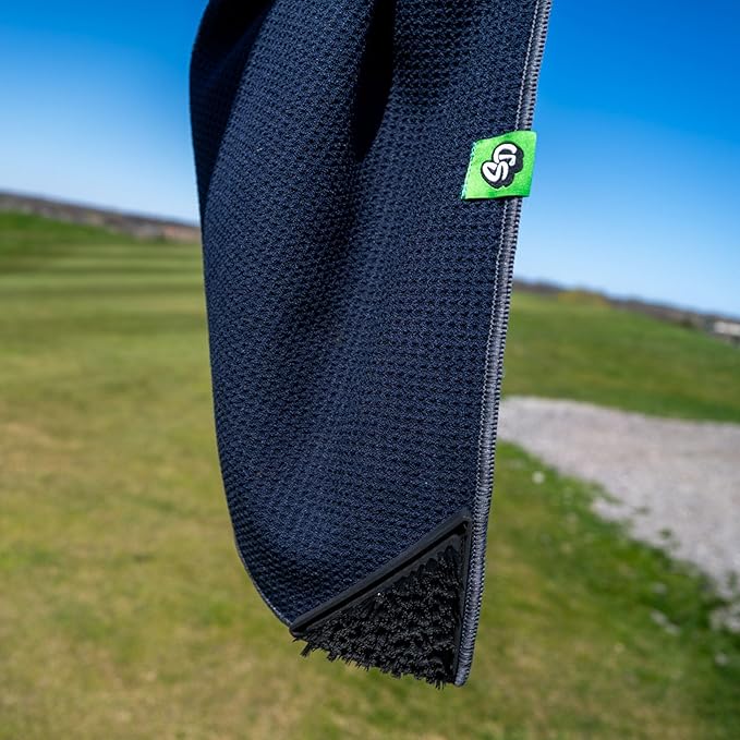 Scrub Doctor Golf Towel (Black) - Built-in Club Scrub Brush and Magnet - Clean Grooves - Magnetic for Strong Hold to Golf Carts or Clubs - Thick Premium Waffle Microfiber