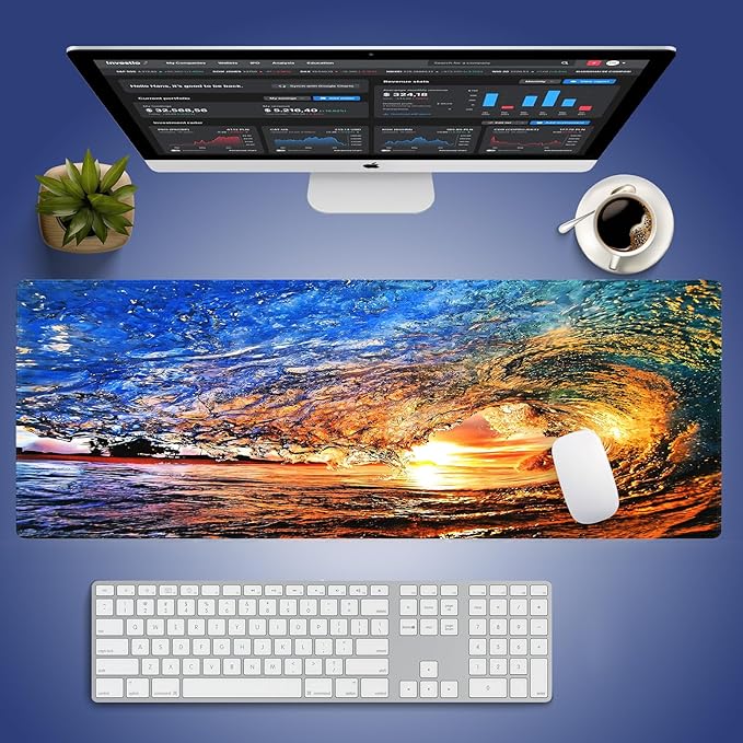 Wknoon. Extra Large Gaming Mouse Pad (31.5" x 11.8") with Durable Stitched Edges – Huge Ocean Wave Cave at Sunset Scene, Anti-Slip Rubber Base & Smooth Fabric Surface Extended XXL Desk Mat