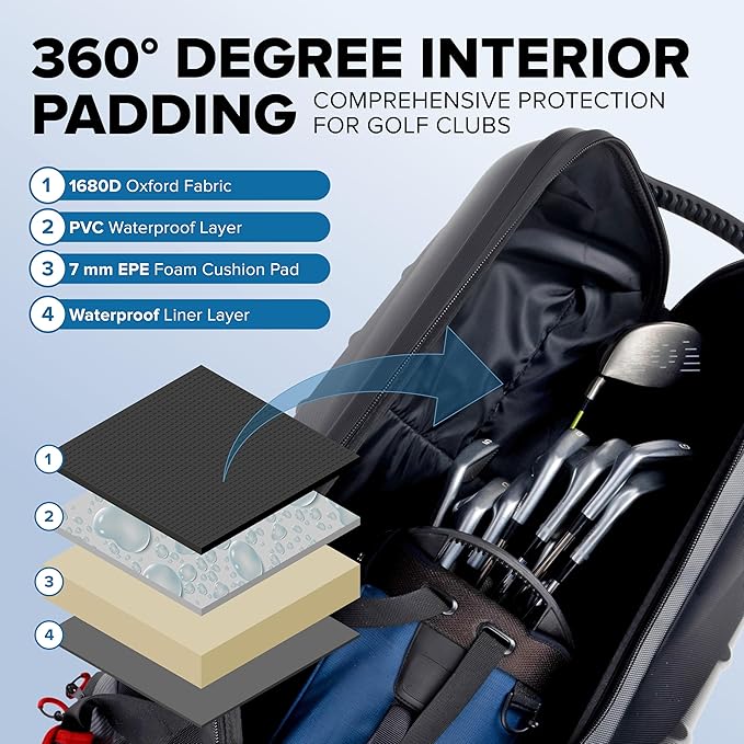 Golf Travel Bag for Airlines: Hard Case Top, Waterproof Zippers, 1680D Oxford Fabric, Built-in TSA Lock, Oversized Tank Wheels, Lightweight, Easy to Maneuver – Maximum Club Protection