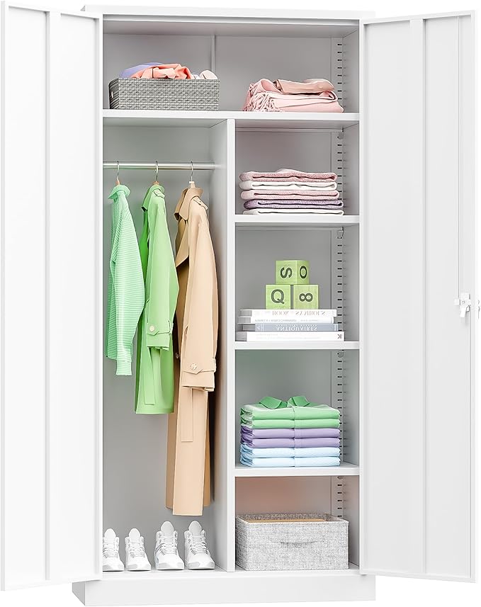 INTERGREAT Metal Wardrobe Closet, 72" Locking Storage Wardrobe Cabinet with Doors and Shelves, 18" D x 36" W Steel Clothes Storage Cabinets for Office, Home, School, Gym（White）