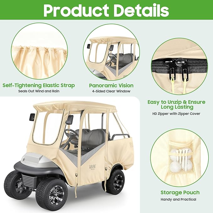 10L0L Golf Cart 4 Passenger Enclosure for Club Car Precedent Short Roof 57.5" Deluxe 600D Golf Cart Heavy Duty Rain Cover with 4 Zipped Doors Clear PVC Windows (Latest Improved Version)