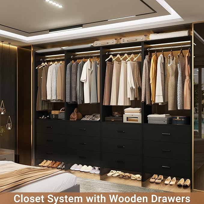 Aheaplus Closet System Closet Organizer, Wood Closet Organizer System, Walk-in Closet or Small Closets Wardrobe, Clothes Rack with Hanging Rods, 4FT Closets, Set of 2, Black
