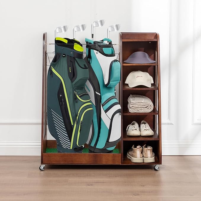 Wooden Golf Bag Organizer for Garage with Drawers, 2 Golf Bag Holder with Club Holders On Side for Car Garage Club Shed Basement, Gray