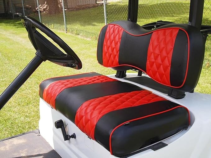 Huskey 4PCS Golf Cart Front/Rear Seat Covers for EZGO Freedom TXT 2014+, Valor Custom Two-Tone Black/Red Diamond Stitching with Red Piping, Marine Grade Vinyl Material, Staple on Design