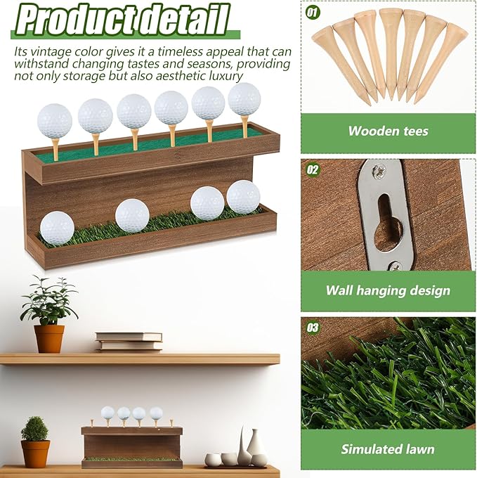 Menkxi Rustic Wood Golf Ball Holder 12.5 x 3 Inch Wall Mounted Vintage Display Stand Floating Shelf with Golf Tees for Christmas Storage Party Decor Supplies