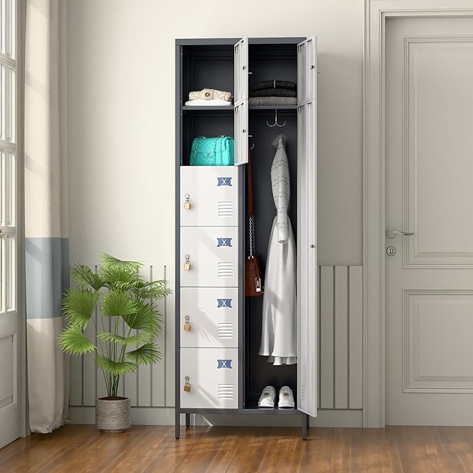 METAN Metal Locker for School Office Gym Bedroom, 8 Doors Steel Storage Locker Cabinet for Employees, Industrial Storage Locker, Assembly Required (Gray White)