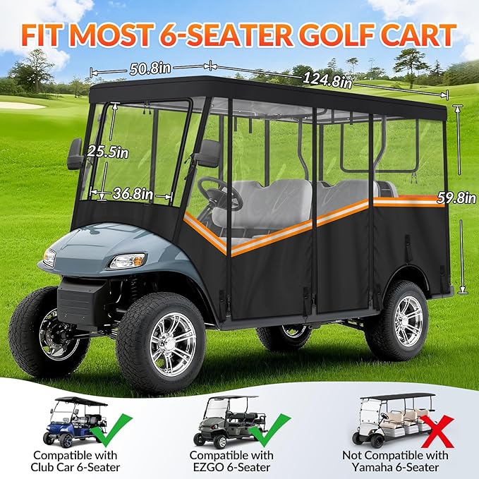 Golf Cart Enclosure for 6 Passenger, 600D Waterproof Golf Cart Rain Cover with Clear PVC Windshields, Compatible with Club Car & EZGO, Fits Extended Roof, Roll-Up Doors & Windproof Straps