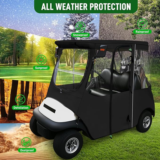 Golf Cart Deluxe Driving Enclosure 2 Passenger Fits Club Car Precedent 2004-Up, Tempo & Onward 2017-Up, Fits Short Roof 42.6" W and 59.9" L, Clear Window with Door Zippers 600D Rain Cover