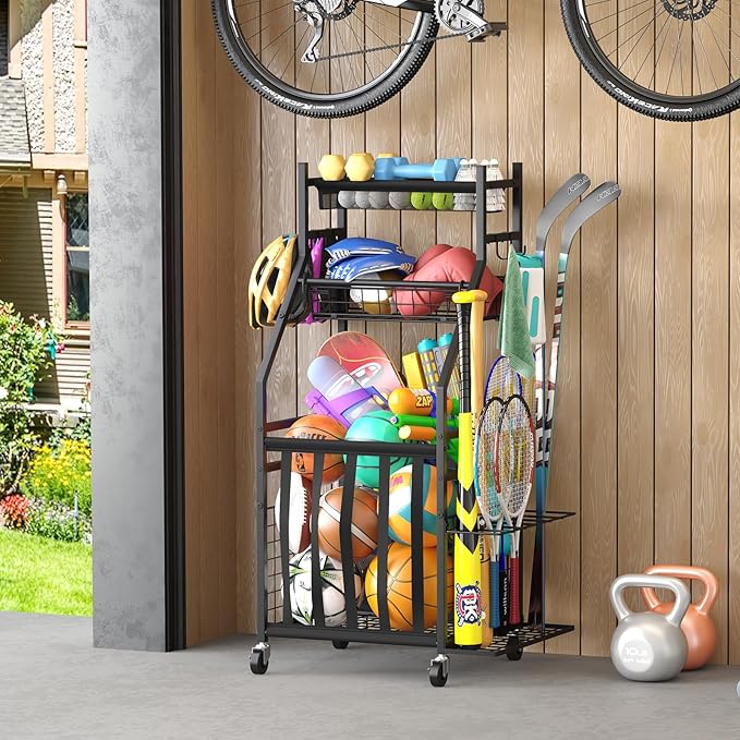 Sports Equipment Garage Organizer,Garage Ball Storage Rack with Elastic Straps,Small Rolling Ball Holder Cart with Wheels for Sports Gear,Indoor/Outdoor Toy Storage with Hooks and Baskets,BK