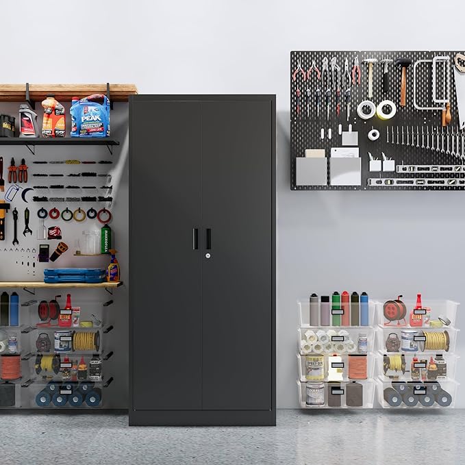 CJF Metal Storage Cabinet, 71" H Locking Cabinet with 5 Adjustable Shelves for Garage, Classroom, School, Home, Office, Pantry-Black