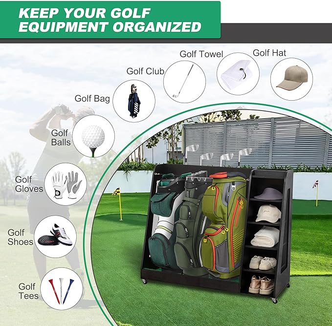 Golf Bag Organizer Storage Rack Stand Holder Fits Extra Large Golf Club Bags and Multiple Golfing Equipment Accessories for Garage Home Simulator and Office
