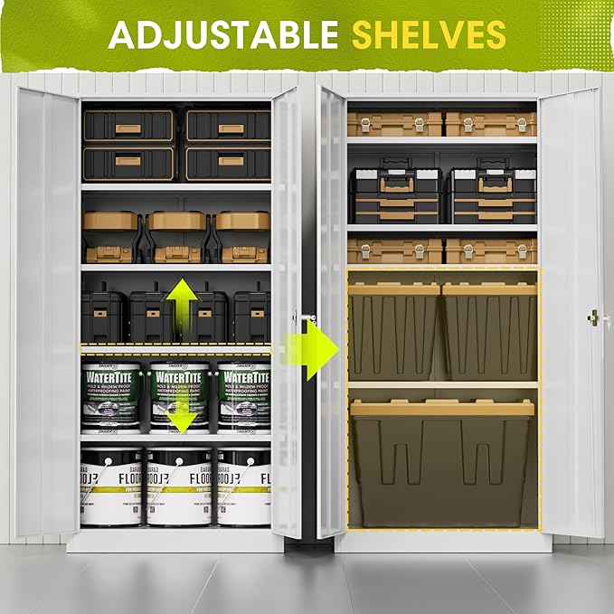 Greenvelly Metal Lockable Storage Cabinet, 72” Tall Storage Cabinet with 2 Doors and 4 Adjustable Shelves for Office, Home, Garage, Pantry (Assembly Required, 18”D, White)