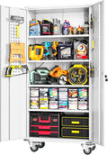 Greenvelly 72" Metal Storage Cabinet with Wheel and Pegboard, Lockable White Metal Garage Cabinets with 2 Doors and 4 Adjustable Shelves, Rolling Steel Tool Cabinet for Garage, Home Office, School