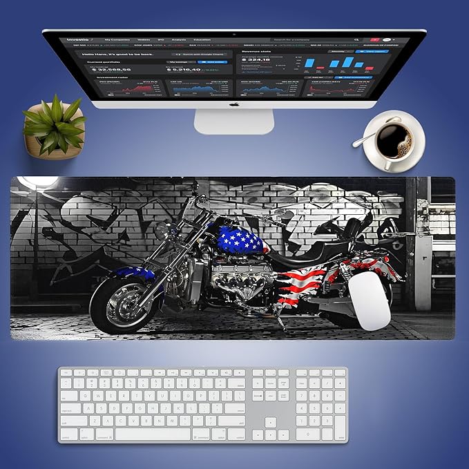 XXL Gaming Mouse Pad with Stitched Edges for PC Home & Office - USA Motorcycles Flag Brick Graffiti Wall Patriotic Themed Design, Smooth Cloth Surface Anti-Slip Rubber Base Large Desk Mat