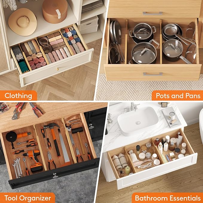 Lifewit 8 Pack 5" Deep Bamboo Drawer Dividers, 13-16.5" Expandable Drawer Organizers for Clothes, Adjustable Dresser Drawer Divider, Clothing Drawer Separators for Dresser, Bedroom, Bathroom, Kitchen