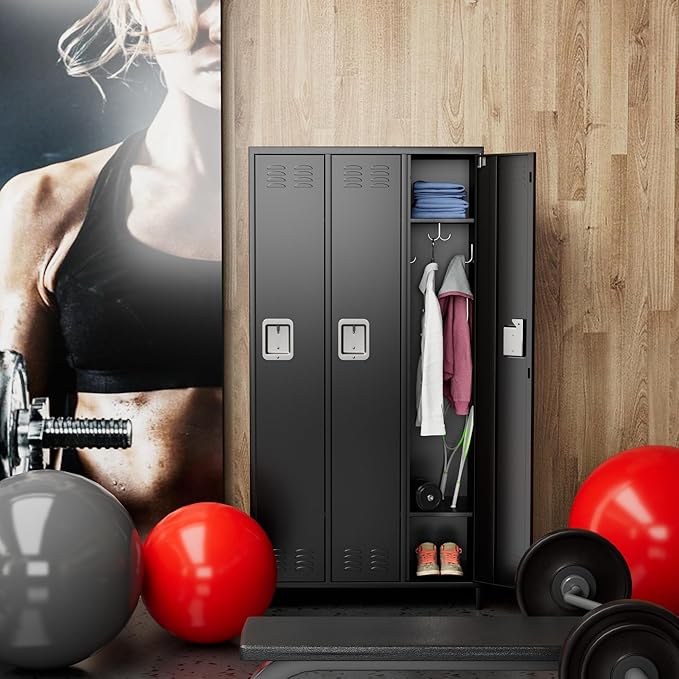 METAN Metal Locker for School Office Gym Bedroom,3 Doors Steel Storage Locker Cabinet for Employees,Industrial Storage Locker with 2 Shelves,Assembly Required (3 Door-Black)