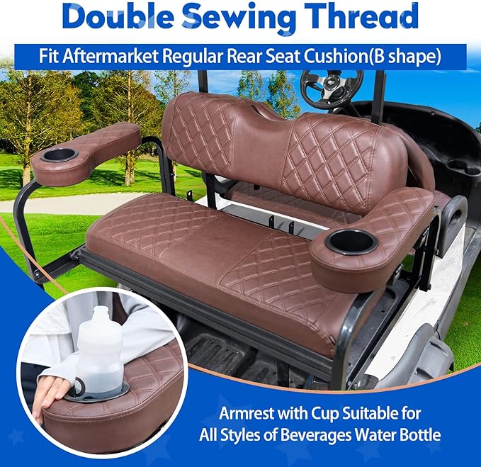 NOKINS Golf Cart Seat Covers for Club Car DS 2000.5-Up, Vinyl Front&Rear Seat Cover with Flip-Up Armrests kit, with Cup Holder, for 1" Square Tube (Brown&Brown 8438)